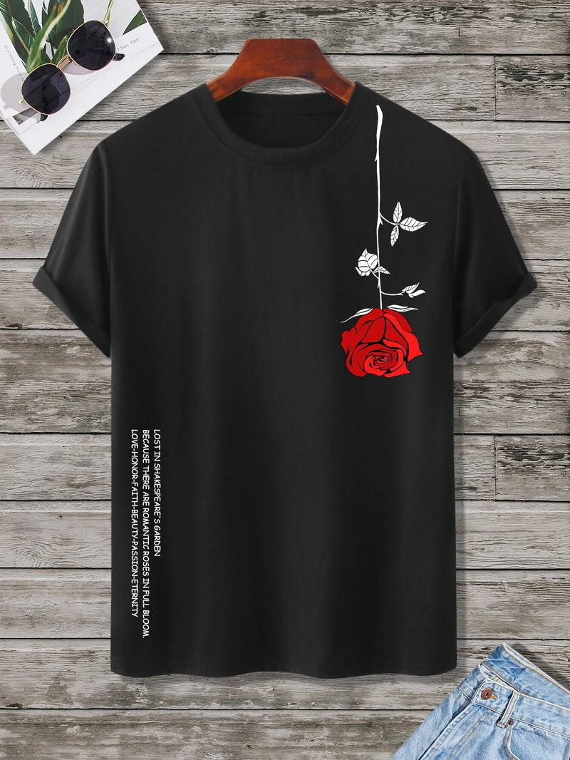 Camiseta Preta Com Rosa Vermelha