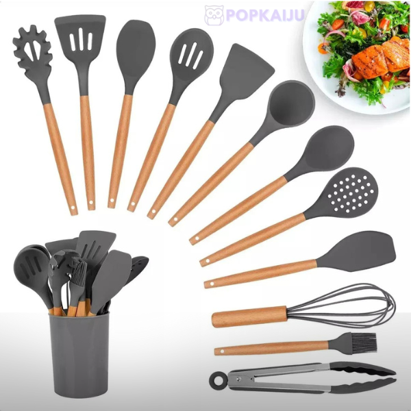 Kit Jogo 12 Peças Utensílios de Cozinha Silicone Antiaderente com Suporte